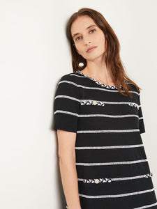 Knee Length Shift Dress - Scoop Neck Intarsia Knit, Black/White | Misook