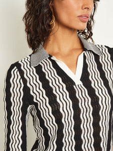 Collared V-Neck Tunic - Pointelle Intarsia Knit, Black/White | Misook