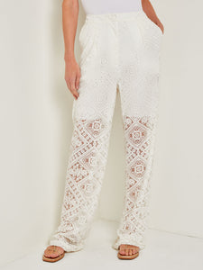 Button-Fly Straight Leg Pants - Lined Lace, White | Misook