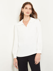 Collared V-Neck Blouse - Crepe de Chine, White | Misook