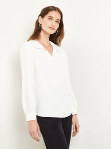 Collared V-Neck Blouse - Crepe de Chine, White | Misook