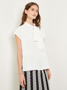 Tie-Neck Blouse - Cap Sleeve Crepe de Chine, White | Misook