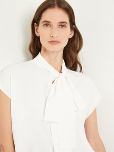 Tie-Neck Blouse - Cap Sleeve Crepe de Chine, White | Misook