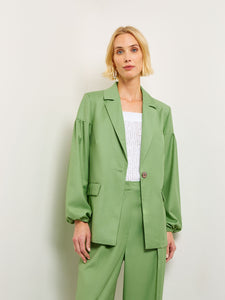 One Button Jacket - Balloon Sleeve Relaxed Woven, Verdant Clover | Misook