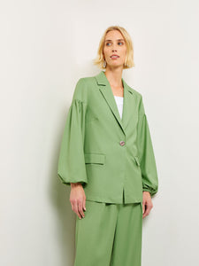 One Button Jacket - Balloon Sleeve Relaxed Woven, Verdant Clover | Misook