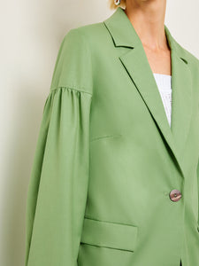 One Button Jacket - Balloon Sleeve Relaxed Woven, Verdant Clover | Misook