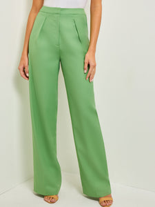 Front Zip Straight Leg Pants - Pleated Woven, Verdant Clover | Misook