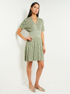 Mini Fit & Flare Dress - V-Neck Pleated Knit, Verdant Clover/Paradise Green/Charmeuse | Misook