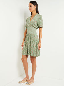 Mini Fit & Flare Dress - V-Neck Pleated Knit, Verdant Clover/Paradise Green/Charmeuse | Misook