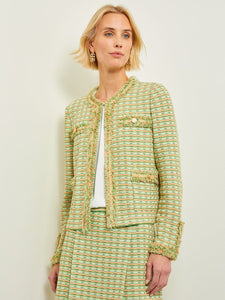 Modern Jacket - Fringe Trim Soft Tweed Knit, Verdant Clover/Paradise Green/Pale Gold/Charmeuse/Peach Blossom | Misook