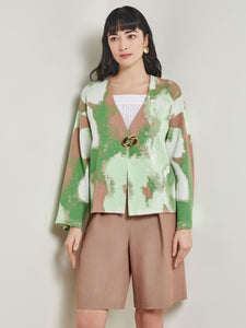 Crossover Jacket - Bell Sleeve Recycled Jacquard Knit, Verdant Clover/Paradise Green/Charmeuse/White | Misook