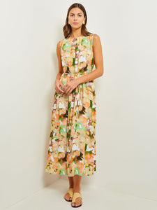 Maxi Shift Dress - Pleated Watercolor Woven, Verdant Clover/Paradise Green/Pale Gold/Charmeuse/Peach Blossom/White | Meison Studio Presents Misook