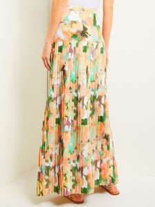 Maxi Drop Waist Skirt - Pleated Watercolor Woven, Verdant Clover/Paradise Green/Pale Gold/Charmeuse/Peach Blossom/White | Misook