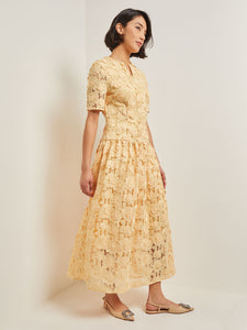 Maxi Pleated Drop Waist Dress - Floral Applique Woven, Pale Gold | Meison Studio Presents Misook