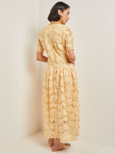 Maxi Pleated Drop Waist Dress - Floral Applique Woven, Pale Gold | Meison Studio Presents Misook