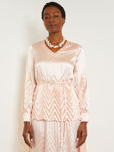 Belted Blouse - Chevron Textured Crepe de Chine, Porcelain Pink | Misook