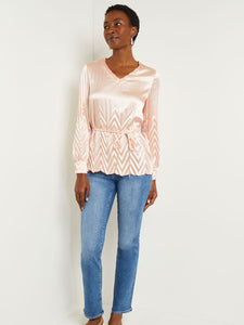 Belted Blouse - Chevron Textured Crepe de Chine, Porcelain Pink | Misook