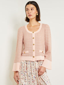 Heritage Button Front Jacket - Bell Sleeve Tweed Knit, Porcelain Pink/Charmeuse/Biscotti | Misook