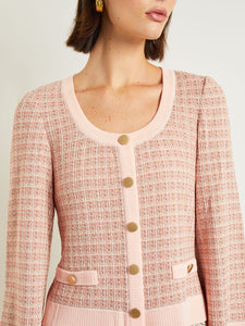 Heritage Button Front Jacket - Bell Sleeve Tweed Knit, Porcelain Pink/Charmeuse/Biscotti | Misook