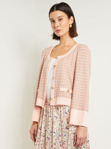 Heritage Button Front Jacket - Bell Sleeve Tweed Knit, Porcelain Pink/Charmeuse/Biscotti | Misook