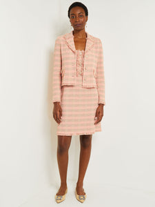 Modern Button Front Jacket - Fringe Trim Tweed Knit, Porcelain Pink/Ocean Coral/Charmeuse/Biscotti | Misook