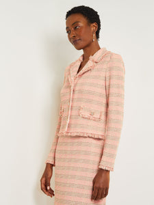 Modern Button Front Jacket - Fringe Trim Tweed Knit, Porcelain Pink/Ocean Coral/Charmeuse/Biscotti | Misook