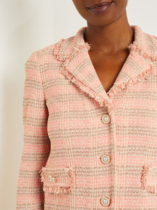 Modern Button Front Jacket - Fringe Trim Tweed Knit, Porcelain Pink/Ocean Coral/Charmeuse/Biscotti | Misook