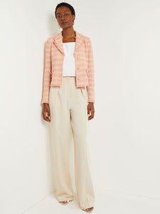 Modern Button Front Jacket - Fringe Trim Tweed Knit, Porcelain Pink/Ocean Coral/Charmeuse/Biscotti | Misook