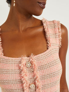 Mini A-Line Dress - Fringe Trim Tweed Knit, Porcelain Pink/Ocean Coral/Charmeuse/Biscotti | Misook