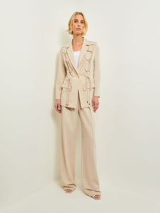 Modern Single Button Jacket - Lace Tie Detail Woven, Biscotti | Misook