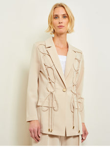 Modern Single Button Jacket - Lace Tie Detail Woven, Biscotti | Misook