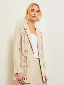 Modern Single Button Jacket - Lace Tie Detail Woven, Biscotti | Misook