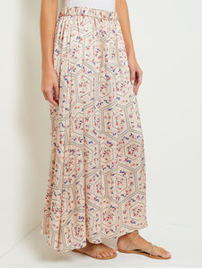 Maxi A-Line Pleated Skirt - Floral Print Crepe de Chine, Biscotti/Porcelain Pink/Ocean Coral/Mazarine/Charmeuse | Misook