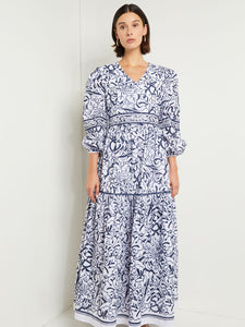 Maxi Flounced Drop Waist Dress - Floral Print Cotton, Mazarine/White | Misook