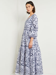 Maxi Flounced Drop Waist Dress - Floral Print Cotton, Mazarine/White | Misook