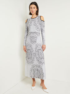 Maxi A-Line Dress - Cold Shoulder Jacquard Soft Knit, Black/White | Misook