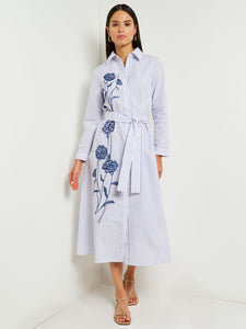 Midi A-Line Shirtdress - Embroidered Cotton Blend, Mazarine/White | Misook