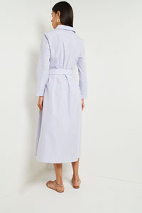 Midi A-Line Shirtdress - Embroidered Cotton Blend, Mazarine/White | Misook