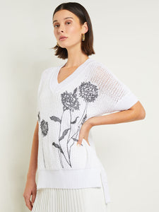 V-Neck Short Sleeve Tunic - Embroidered Crochet Knit, Black/White | Misook