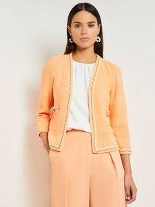 Open Neck Heritage Fit Jacket - Burnout Knit Chain Trim, Peach Blossom/Pale Gold | Misook