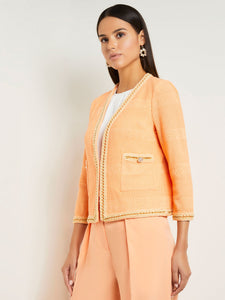 Open Neck Heritage Fit Jacket - Burnout Knit Chain Trim, Peach Blossom/Pale Gold | Misook