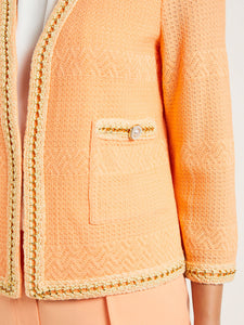 Open Neck Heritage Fit Jacket - Burnout Knit Chain Trim, Peach Blossom/Pale Gold | Misook