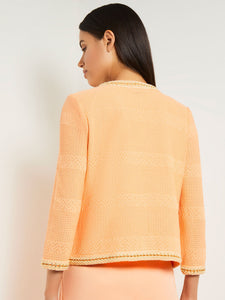 Open Neck Heritage Fit Jacket - Burnout Knit Chain Trim, Peach Blossom/Pale Gold | Misook