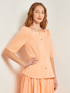 Square Neck Button Front Blouse - Belted Faux Cupro Silk, Peach Blossom | Misook