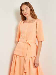 Square Neck Button Front Blouse - Belted Faux Cupro Silk, Peach Blossom | Misook