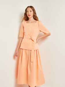 Square Neck Button Front Blouse - Belted Faux Cupro Silk, Peach Blossom | Misook