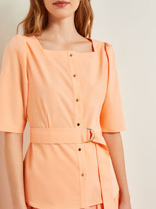 Square Neck Button Front Blouse - Belted Faux Cupro Silk, Peach Blossom | Misook