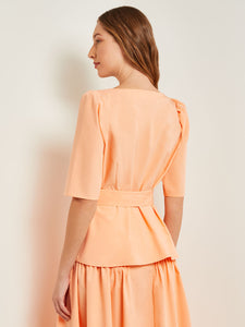 Square Neck Button Front Blouse - Belted Faux Cupro Silk, Peach Blossom | Misook