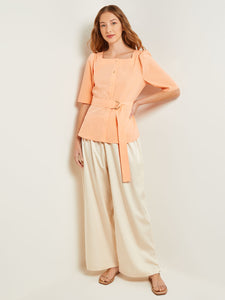 Square Neck Button Front Blouse - Belted Faux Cupro Silk, Peach Blossom | Misook