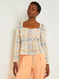 Sweetheart Neck Modern Fit Jacket - Plaid Jacquard Knit, Peach Blossom/Caribbean Mist/Pale Gold/Black/White | Misook